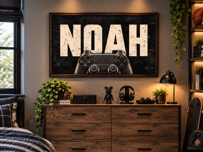 Personalized Gamer Wall Art, Custom Name Gaming Controller Framed Print, Boys Teen Bedroom Decor, Video Game Room Art