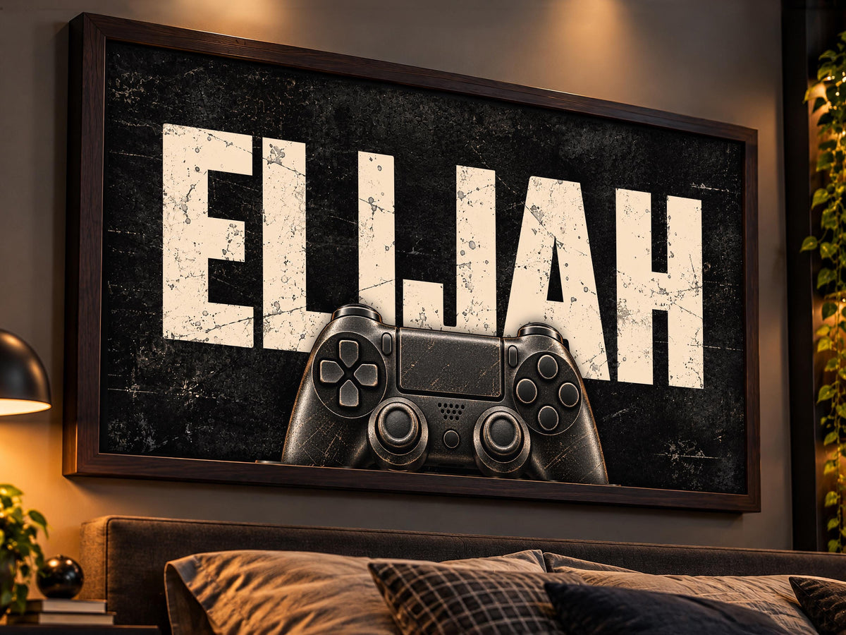 Personalized Gamer Wall Art, Custom Name Gaming Controller Framed Print, Boys Teen Bedroom Decor, Video Game Room Art