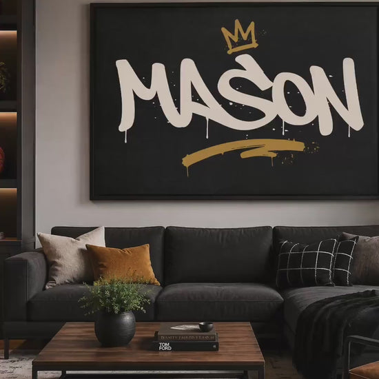 Framed Personalized Graffiti Name Art, Custom Boys Room Wall Decor, Crown Name Print, Teen Bedroom Art, Street Art Gift
