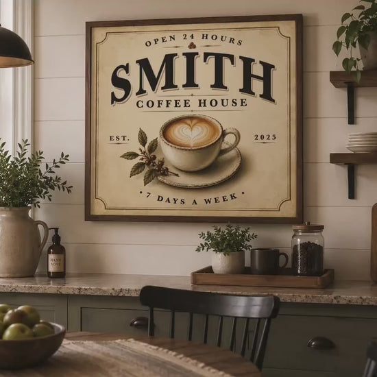 Personalized Coffee House Sign, Custom Family Name Coffee Bar Decor, Vintage Kitchen Wall Art, Framed Coffee Print, Housewarming Gift