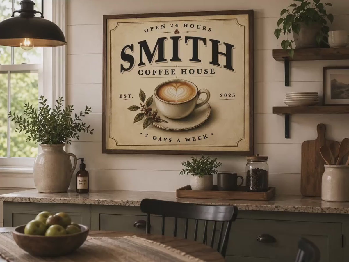 Personalized Coffee House Sign, Custom Family Name Coffee Bar Decor, Vintage Kitchen Wall Art, Framed Coffee Print, Housewarming Gift